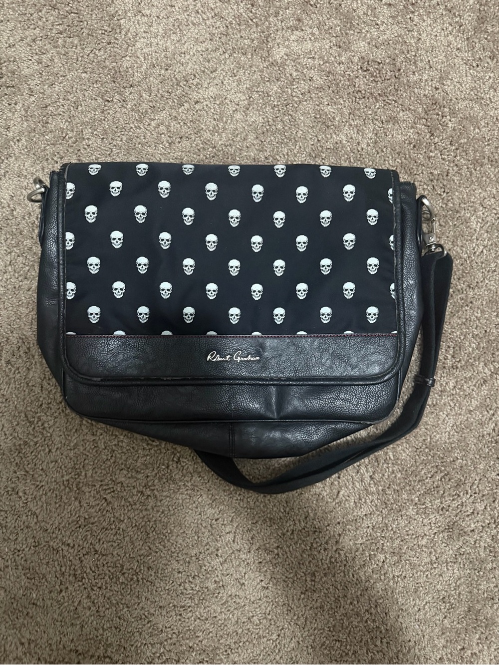Robert Graham Black Messenger Bag with White Skull Print